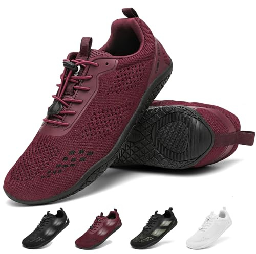 Geweo Barfotaskor Herr Dam Andningsbar Bekväma Barefoot Training Shoes med Breda Tårbox Träningsskor Stabilitet CrossFit Fitness Trail Running Vandringsskor Zero-Drop Sneakers Unisex Vinröd 44EU