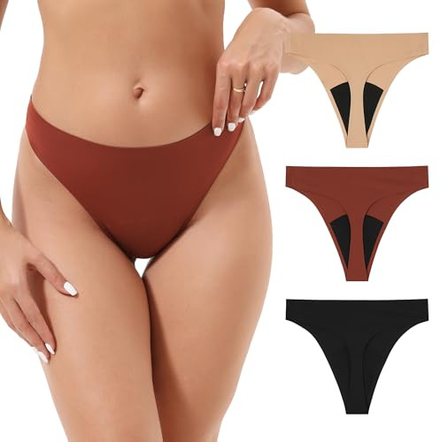 INNERSY Period Pants Thong Light Flow Menstrual Underwear Seamless Knickers String Panties 3 Pack (16, Black/khaki/Reddish-brown)