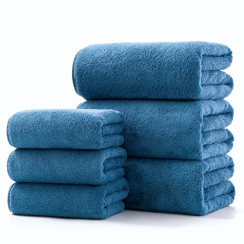 Lumimi Towel Set of 6 Very Soft Microfiber 3 Bath and 3 Hand Towels Quick Dry Light Weight for Bathroom Gym Salon, 6 Pack Blue