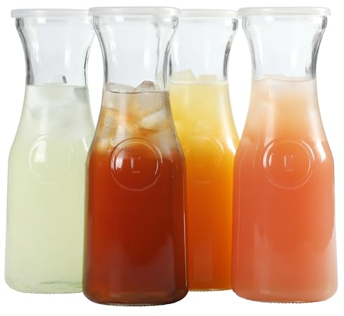 Gibson Home Windchill Set of 4 Large Glass Carafe with Lid, 1 Liter Clear Glass Pitcher, Beverage Serveware Carafe for Mimosa Bar Brunch Cold Water Juice Milk Iced Tea Lemonade - Dishwasher Safe