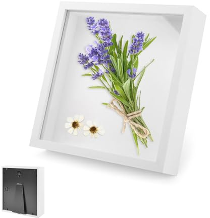 Cornice Portafoto 3D, Cornice Quadrata Floreale da Esposizione Profonda di 3 cm, Box Frames 3D in Legno 30 x 30 cm, con Lastra Acrilica Trasparente, per Regali di Ricordo di Famiglia(Bianco)