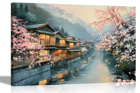 Artley Prints - Japanese Mountain Villiage River Pink trees Canvas Prints Wall Art Pictures for Home Living Room Bedroom Centerpiece Extra Large 101 x 76cm (40 x 30 inches)