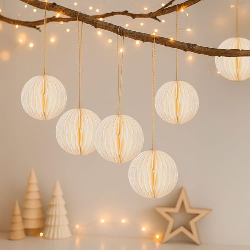 Ideen mit Herz Bolas de panal para colgar, con cierre magnético, 6 bolas de papel con borde dorado, con cinta dorada para colgar, colgante para Navidad, decoración navideña de papel (blanco crema)