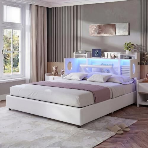 BRILVERDE Cama tapizada de 140 x 200 cm con espacio de almacenamiento, cama doble con LED y USB, cama juvenil con cabecero, cama de almacenamiento hidráulico, estructura de cama con somier, cama