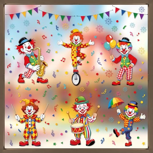 6 ark fönsterbilder karneval clown fönsterklistermärken karneval dekoration fönsterklistermärken återanvändbara cirkus dekorativa dekaler klistermärken födelsedagsfest fest dekoration hem