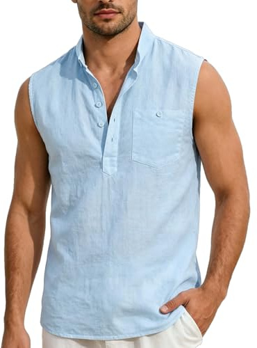 ATRACTIVOLL Camiseta Tirantes Hombre Camisa de Lino Hawaianas Playa Camiseta sin Mangas Henley Transpirable Camiseta Básica Tank Top Tiempo Libre Deporte Chalecos con Bolsillo Gym Gimnasio Fitness