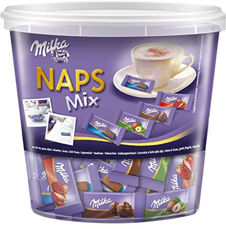 Milka Naps Mix 1 x 1kg Dose, Zartschmelzende Mini-Schokoladentäfelchen aus Alpenmilch, Erdbeer, Haselnuss und Crème au Cacao