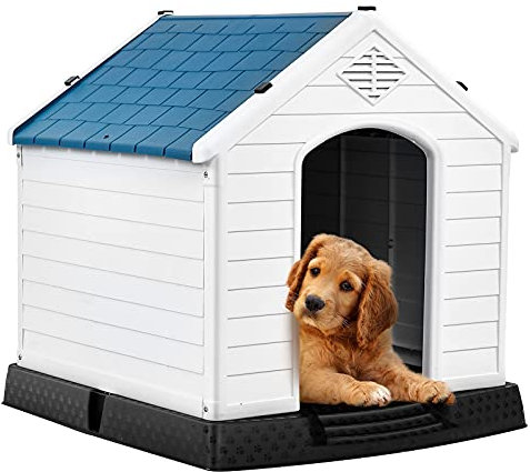 GOPLUS Hundehütte aus Kunststoff, Zwinger für Drinnen und Draußen, Hunde-Haus mit Belüftungsystem und Befestigungsvorrichtung, Stabil und Kratzfest, mit Erhöhtem Boden (M)