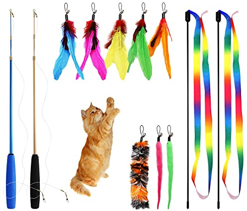 12PCS Interactive Kitten Toys, Retractable Indoor Cat Wand Toys with Replacement Teaser, Rainbow Ribbon and Make Exercise by Sunshinetop