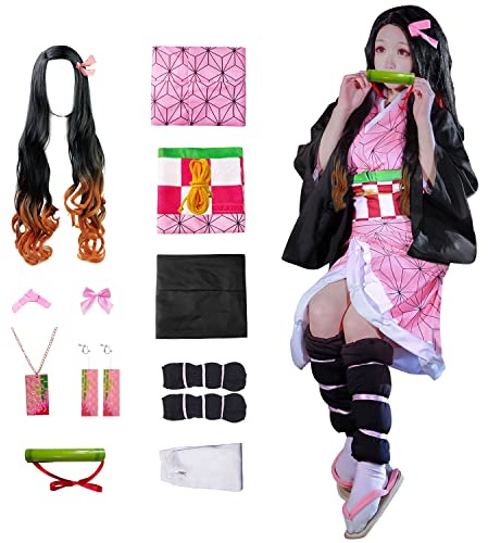 JYakeji 10 delar Nezuko Kimono-dräkt för barn och vuxna, japansk anime-kostym, halloween kimono med peruk