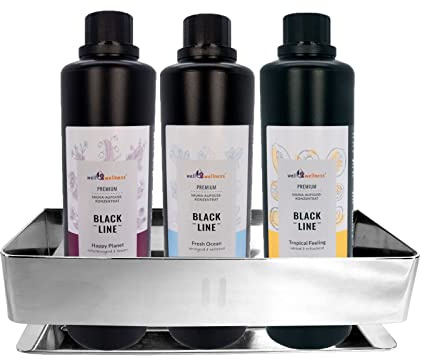 SudoreWell® Infusión de sauna de acero inoxidable con 3 unidades de 500 ml Black Line para sauna, Happy Planet, Tropical Feeling y Fresh Ocean