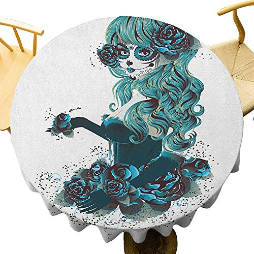501 Ronde Couverture De Table Soft Sugar Skull Girl Day of The Dead Bwith Dark Color Roses Graphic Petrol Blue White Nappe Protection De Table Imprimé Nappe De Table Nappe pour Table 152 cm