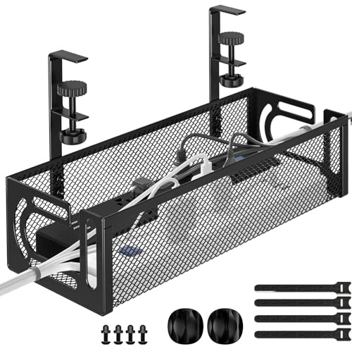 Plateau de gestion des câbles sous le bureau, en acier sans perçage, 39 cm, plateau de gestion des câbles (1 pièce, noir)