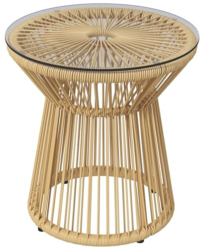 Outsunny Mesa Auxiliar de Ratán Sintético Mesa de Centro Redonda con Tablero de Vidrio Templado y Marco de Metal Carga 30 kg para Patio Jardín Balcón Ø40x42 cm Beige