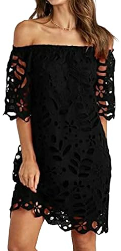 Primavera Verano Viaje Vestido de Encaje Sexy Fuera del Hombro Media Manga sin Tirantes Moda Ahueca hacia Fuera Faldas Vestidos Casuales de Color sólido