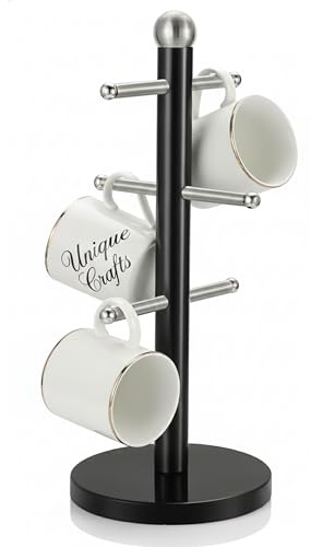 UNIQUE CRAFTS 6 Mug Holder Tree Stand | Modern Cup Organizer for Kitchen Counter | Space-Saving Coffee Mug Rack | Durable & Elegant Mug Display | Non-Slip Base | Black |