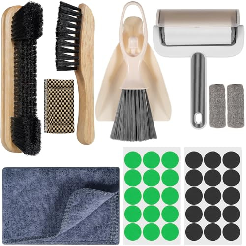 Billiard Pool Table Accessories Kit: 10 Piece Set with 2 Pool Table Brushes,2 Ferrule Polish Cloths,2 Cue Polish and Cleaning Cloths,Lint Roller,Dustpan and Broom,15 Marker Dots,15 Felt Repair Patches