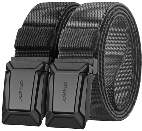JUKMO Stretch Tactical Belt for Men,2 Pack Military Work Rigger Hiking 1.5 Elastic Nylon Web Ratchet Quick Release Belt in Gift Box (Black+Grey, Medium)