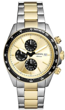 Fossil Autocross Montre Homme, Mouvement Multifonction Quartz avec bracelet en acier inoxydable ou cuir, Argent et ton or foncé, 42 mm