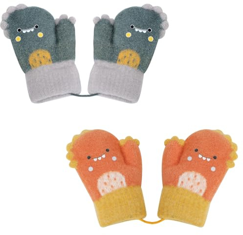 Mayoii 2PCS Baby Mittens Winter Warm,Toddler Gloves Age 0-4 Knitted Outer Toddler Mittens with String Baby Gloves for Boys Girls (Green+Orange, 0–2 Years)