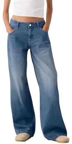 Jeans à jambe large pour femmes, taille basse, style baggy, en denim avec poches, aspect vintage, style boyfriend, décontracté, stretch, confortable, polyvalent, pour tenue de rue, bleu, XL
