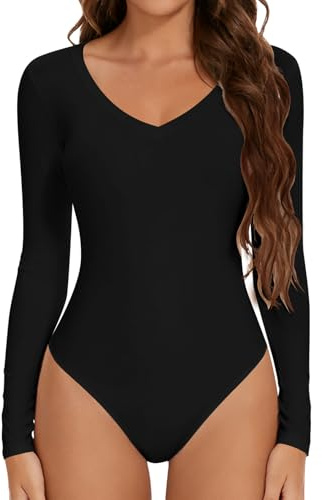 Joyshaper Women Long Sleeve Bodysuit Ribbed V Neck Blouse Top Stretchy Leotard Slim Fit T-shirt Undershirt, Black, L