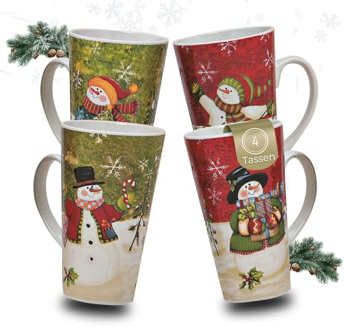 Joli ensemble de tasses de Noël avec motif bonhomme de neige - Lot de 4 - Grandes tasses de 450 ml - Tasses à café de Noël