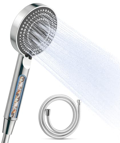 OFFO Duschhuvud med Kalkfilter, Handdusch 6 Lägen, med 1,6 m PVC-slang, Stor Snålspolning, Rening, Krom