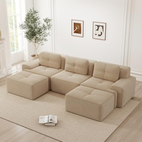 Bladez Divano modulare Cord a 3 posti, divano letto ad angolo a forma di U, con ottomano, senza montaggio, seduta profonda Boneless a compressione, combinabile, divano lounge per soggiorno (beige, 3