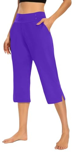 Yogabyxor dam 3/4 hög midja, damsportbyxor 3/4 bomull, ventilerande capri-yogabyxor, vida ben, träning, joggingbyxor med fickor, lätta lediga sommarbyxor, enfärgade, bekväma fritidsbyxor