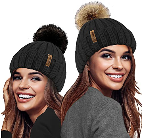 TOSKATOK® Ladies Girls Chunky 3 in 1 Rib Beanie Hat with 2 Interchangeable Large Faux Fur Pompoms Black