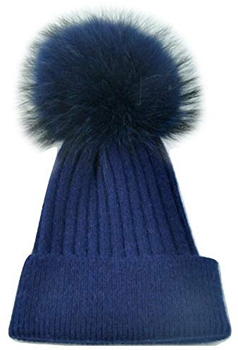 Brillabenny Cappello Cuffia Cashmere Blu Navy PON PON Vera Pelliccia Donna Uomo Cappellino Regalo Natale Neve Sci