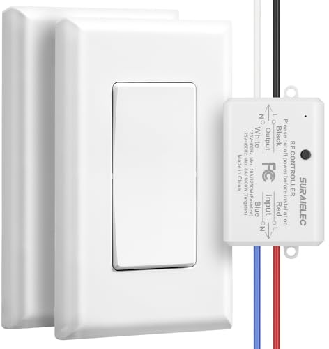SURAIELEC 3 Way Wireless Light Switch, No Wiring, No WiFi, 100ft RF Range, Pre-Programmed, Expandable Wireless Wall Switch and Receiver Kit, Remote Control Light Fixture for Lamp, Ceiling Light, Fan