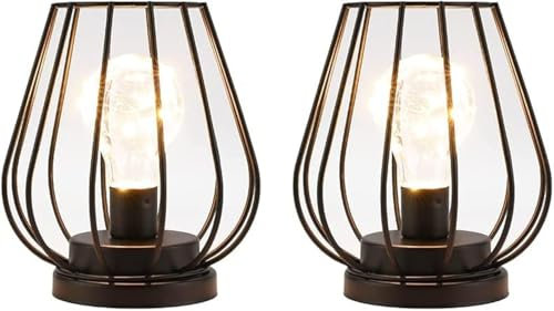 TRIROCKS 2er Set Batteriebetriebene Lampen aus Metall 17 cm hoch Wohnzimmer Mini-Käfigform Kabellose Tischlampe Batterielaternen mit Wärmer Lichterkette Glühbirne für Drinnen Draußen (Schwarz)