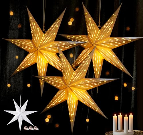 HOUISM Abat-jour en Papier avec 3 Guirlandes lumineuses, évidées, étoiles pliantes, ombres - Papier kraft de qualité supérieure à suspendre pour fête du Nouvel An, décoration de fenêtr-45 cm