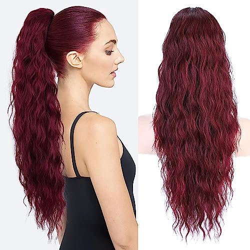 PORSMEER 76 cm Vino rosso Coda Capelli Extension con Coulisse Lunga Ondulati Ricci Posticci Sintetici Ondulati Coda Cavallo Extension Posticci Extension Capelli per le Donna