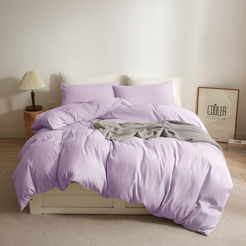 Ruccit Lilac Duvet Cover Set Double Plain Brushed Microfiber Double Bed Duvet Cover Light Purple Soft 3pcs Women Girls Bedding Set with Zipper Closure Corner Ties-Durable,Fade resistant