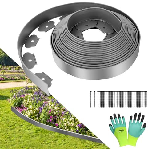 YAOBLUESEA Flexible Rasenkante aus Kunststoff grau 5cm hoch 10m lang, mit 60 Erdanker & 1 Paar Handschuhe für Garten Rasen Beet Stein-& Kiesflächen