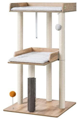 FourFurPets 111cm Katzenbaum, moderner Katzenbaumturm, Katzenturm für große Erwachsene Hauskatzen, großer Katzenbaum mit Kratzsäule, Katzenhöhle für Erwachsene Katzen, Greige