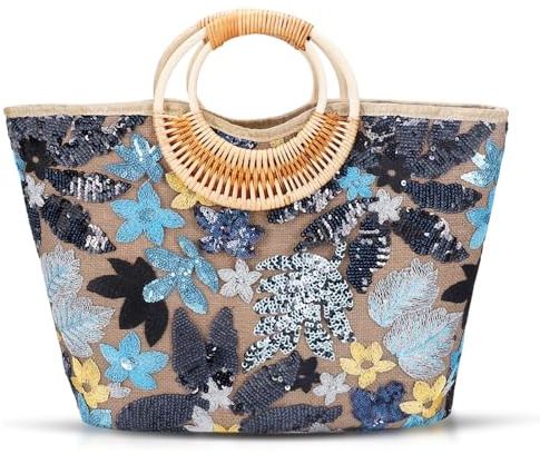 QTKJ Tote Bag for Women, Beach Bag, Sequin Embroidery Straw Bag, Hand-Woven Rounded Bamboo Handle, Bohemian Handbag Large Capacity Shoulder Bag Suitable for Travel Daily(Black), Black, One Size