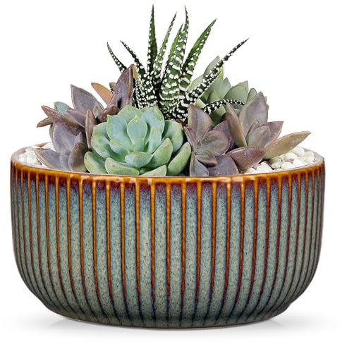 Oairse Keramik Gerippter Übertopf,Bonsai Keramiktopf mit Drainageloch-Untersetzern für Zimmerpflanzen, Retro-Dekoration für Gartenbehälter-Sets im Freien, Braun, Durchmesser Öffnung 14cm