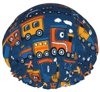 Hair Cap for Shower - Funny Steam Train Double Layer Shower Cap Reusable Water-resistant, Large Shower Cap for Women, Hair Cap for Shower with Peva Lining and Elastic Rope