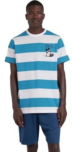 Disney Pijama Hombre Manga Corta Ride The Wave en algodón, Cuello Redondo y pantalón Corto con Cinturilla Ajustable y Bolsillos, Camiseta con Raya Tejida