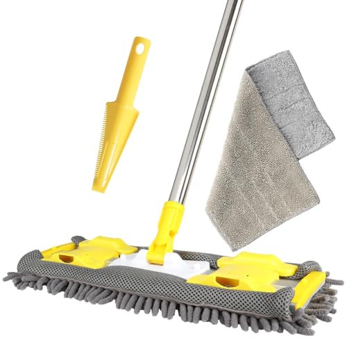 Mocio piatto per la pulizia dei pavimenti, con cuscinetti lavabili in microfibra e ciniglia e 1 panno per la rimozione dello sporco, mocio per pavimenti bagnati e asciutti, con manico lungo regolabile