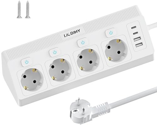 Regletas Enchufes con 2 USB C y 2 USB A, 4 Tomas Enchufe Multiple con Interruptor Regleta Enchufes Proteccion Sobretension 3680W, 90° Enchufe de Esquina 2M Cable para Cocina, Oficina, Hogar, Blanco