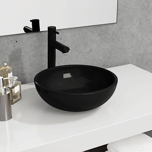 Vasque à Poser Salle de Bain Maison Lavabo rond Évier Lave-Mains de Salle d'eau Vasque a Poser en Verre trempé Moderne, 35x12 cm Noir