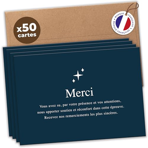 aliceandberry Cartes Remerciement Deuil Décès Obsèques Enterrement - Lot 25/50/75 + Enveloppes - Papier 400g - Design Sobre Élégant Fleurs Bougie Étoile - Marque Française (Lot de 50, Etoile)