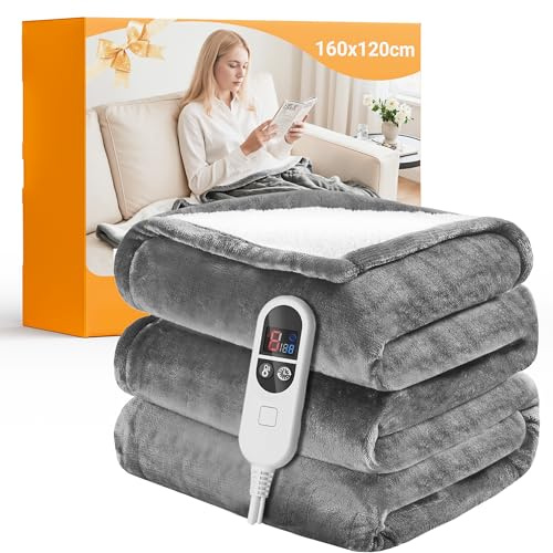 JUMMICO Electric Heated Throw Blanket 160x120cm, Flannel Fleece & 6 Heat Settings, 12H Timer, Machine Washable, Auto Shut-Off, Energy Saving Heating Blanket, Overheat Protection - Light Grey