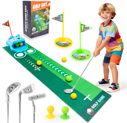 Funsland Jeu de Golf pour Enfant:3 à 8 Jeux de Mini-golf pour Tout-petits avec Retour Automatique des Balles,8 Balles de Golf,3 Clubs,Tapis de Putting - Jouets de Sport pour Garçons et Filles