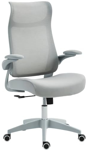 HOMCOM Sedia Ufficio Ergonomica con Braccioli Regolabili e Ribaltabili, Funzione a Dondolo, Sedia Scrivania Girevole in Tessuto a Rete con Poggiatesta, Altezza Regolabile e Seduta Imbottita, Grigio
